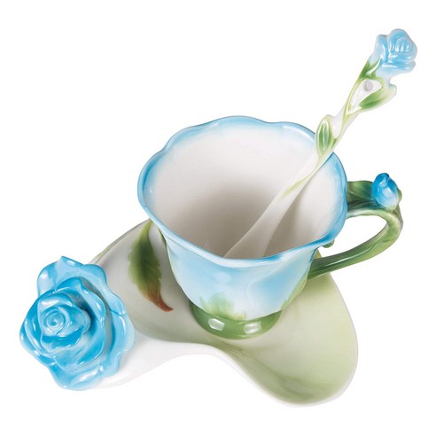 Deoxygene 3D 장미 모양 꽃 에나멜 세라믹 커피 차 컵과 접시 숟가락 도자기 컵 크리 에이 티브 발렌타인 선물-블루, 1개, 푸른