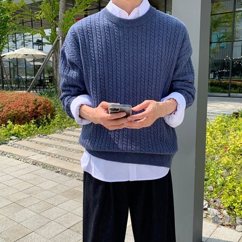 높은 품질의 재료로 제작된 제타22 남녀공용 고급 워셔블 프리미엄 베이직 오버핏 꽈배기 케이블 라운드 니트