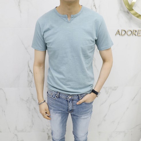 아도르클래식 미니멀 트임 브이넥 5컬러 워싱 반팔티