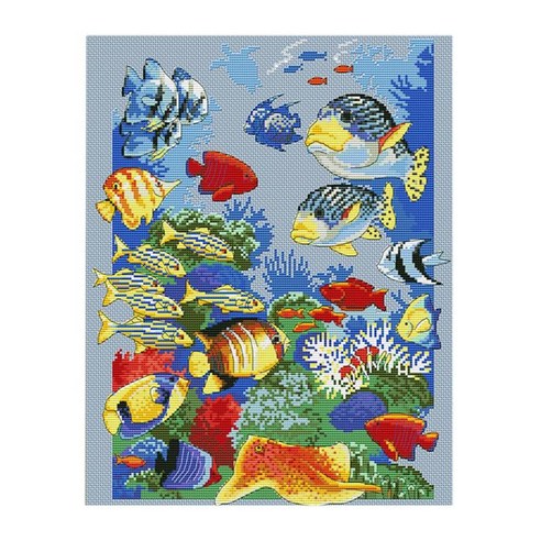 크로스 스티치 키트 11CT 스탬프 패브릭 DIY Needlepoint 자수 키트 다채로운 물고기 패턴 성인 홈 장식 장식품 벽, 다색, {"사이즈":"43x54cm"}, {"수건소재":"폴리 에스터"}