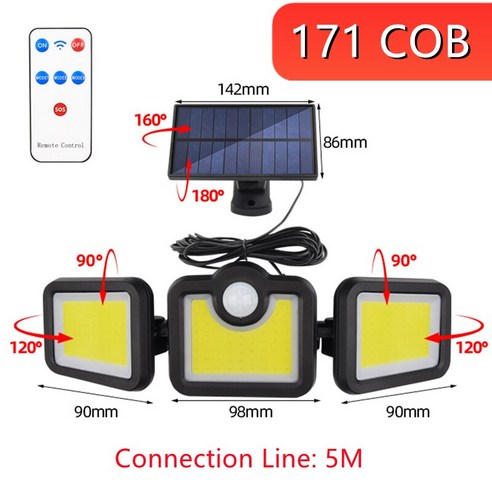 [KHTE]태양광 3 헤드 원격 제어 벽 램프 2400Mah 루스 드 파티오 솔라레스 3500lumm 분리형, 러시아_171COB-Detachable