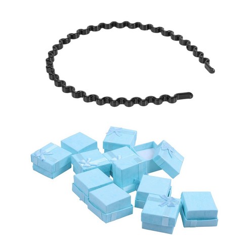 Deoxygene 1x 여성용 플라스틱 블랙 물결 모양의 헤어 타이어 밴드 및 12 pcs bluejewelry 반지 귀걸이 팔찌 선물 상자, 1개, 블랙 & 블루