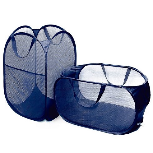 허플 접이식 메쉬 빨래바구니 60L, 네이비 SET