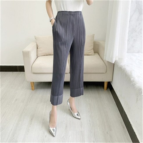 이세이플리츠 주름치마 여성용 신축성 허리 주름 캐쥬얼 테이퍼 크롭 하이 웨이스트 슬리밍 2021