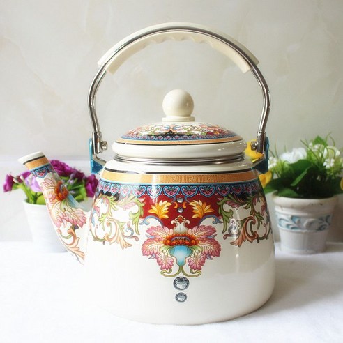 범랑주전자 일본 감성 포트 냄비 캠핑 레트로 일본식 물끓이는 빈티지 커피, 1.5L-5리터, 2L휘파람병작은황색플라워, 1개