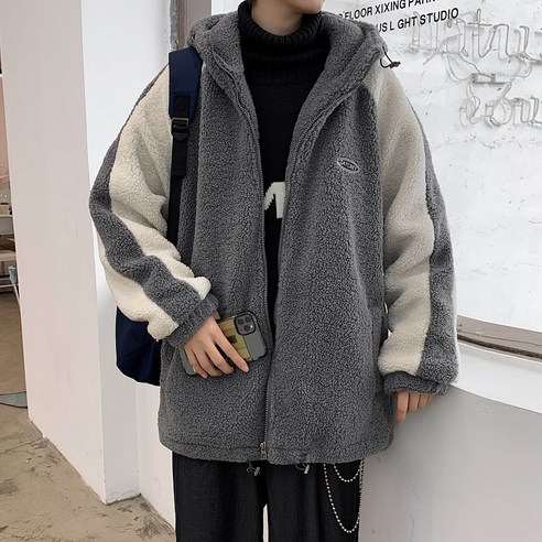 DFMEI 컬러 매칭 양고기 코트 남자 겨울 패션 브랜드 느슨한 양털 안감 겨울 의류 양고기 양모 코튼 패딩 옷 패션