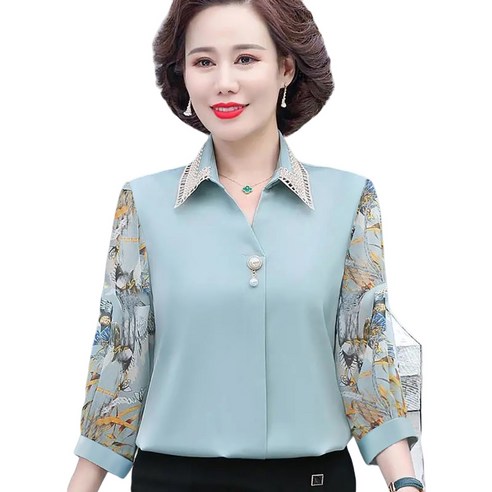 ROYALBELLE 여성 7부소매 블라우스 카라넥 엄마옷 쉬폰 상의 데일리룩 LX0124004
