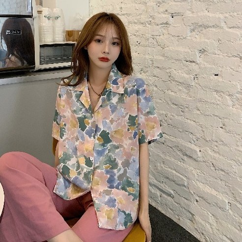 홍콩풍 디자인 프린트 셔츠 여 여름 오버핏 슬림 정장넥 슬림 상의