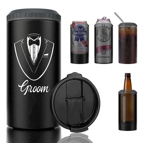 4 in 1 Groomsman 단열 캔 쿨러 제안 선물 | 이중벽 진공 청소기 모든 355ml(12온스) 또는 병에 적합 (그룸), 3) Groomsman 스틱청소기