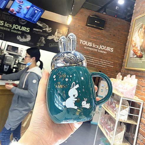 만화 일본과 토끼 컵 뚜껑 방수 머그컵 우유 커피 귀엽다 남녀 학생 커플 도자기 컵, 초록색