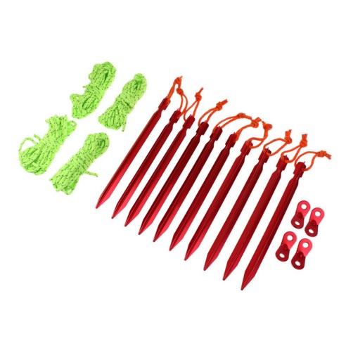 코드 텐셔너 조절기 및 보관 파우치 세트가있는 10 조각 텐트 못 말뚝 및 4mm 반사 가이 라인, 레드, 설명