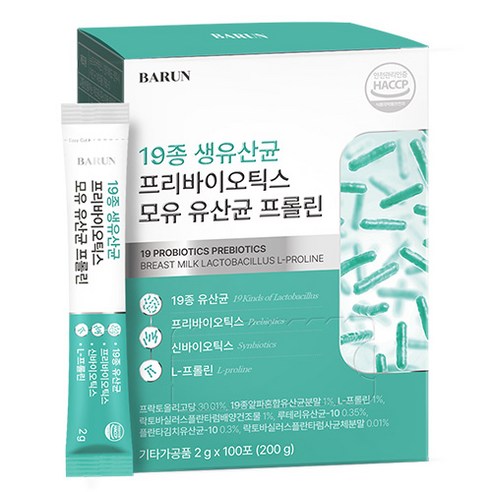 바른 19종 생유산균 프리바이오틱스 모유 유산균 프롤린 2g x 100포, 200g, 1개