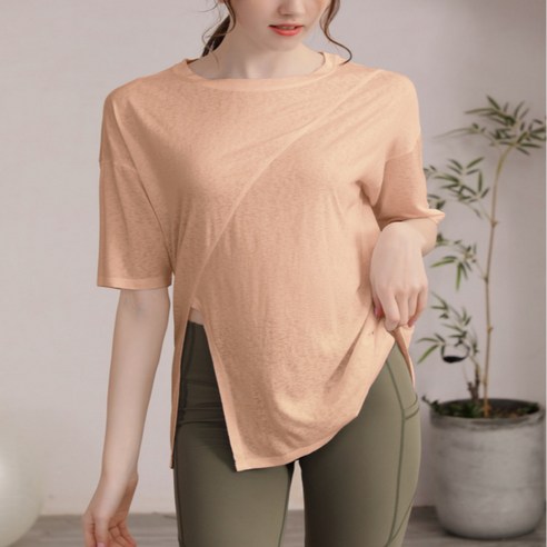 가치스토어 여성용 요가 필라테스 루즈핏 반팔티 옆트임 반팔 티셔츠 롱티