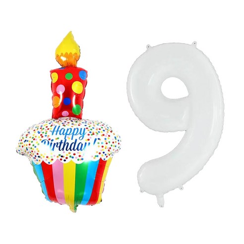 생일파티 레인보우 컵케익 화이트 숫자 풍선세트, 1개, 숫자9세트