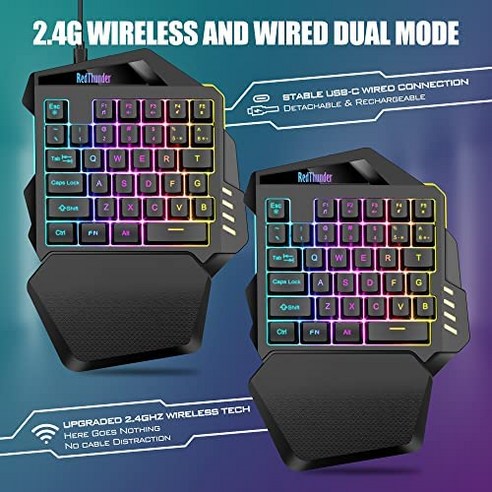 RedThunder 무선 한 손 게임용 키보드 2.4Ghz RGB 백라이트 미니 게임용 키패드 PC 게이머용 충전식 2000mAh 배터리, RGB Wireless