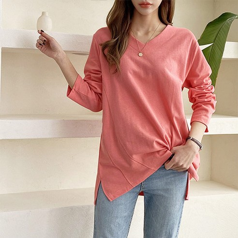 옷자락 여자 더블 브이넥 루즈핏 봄 10컬러 티셔츠