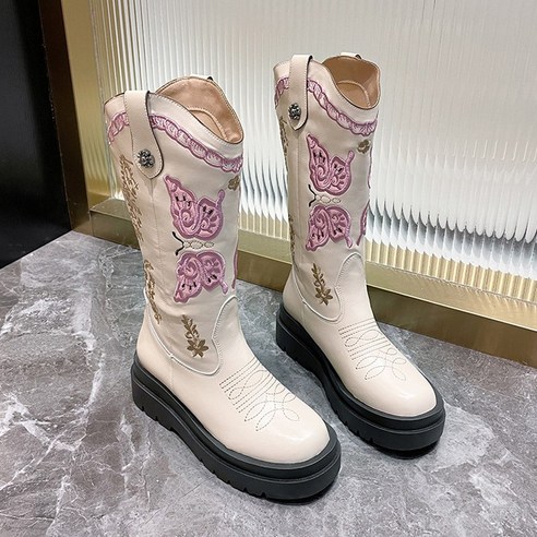 도오빠 레루케 여성 가죽 통굽 부츠 부티 5cm 키높이 웨스턴 롱 나비 자수 카우보이 여자미들부츠 신발