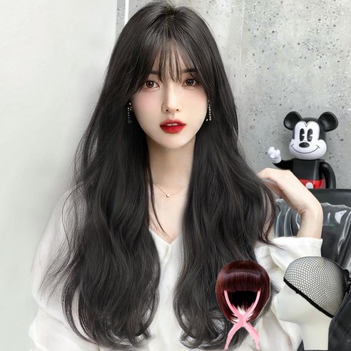 LUMANOKI 여성 롱 웨이브 통가발 55cm+가발망+가발거치대 세트, 네츄럴 블랙