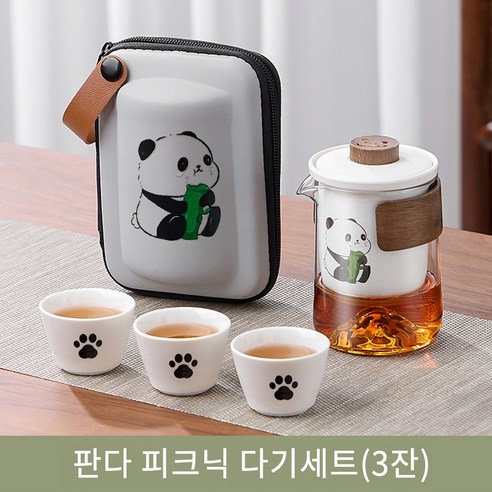 휴대용 도자기 티팟세트 판다 피크닉 다기 다도세트 찻잔 3/6개 구성, 화이트, 찻잔3개, 1개