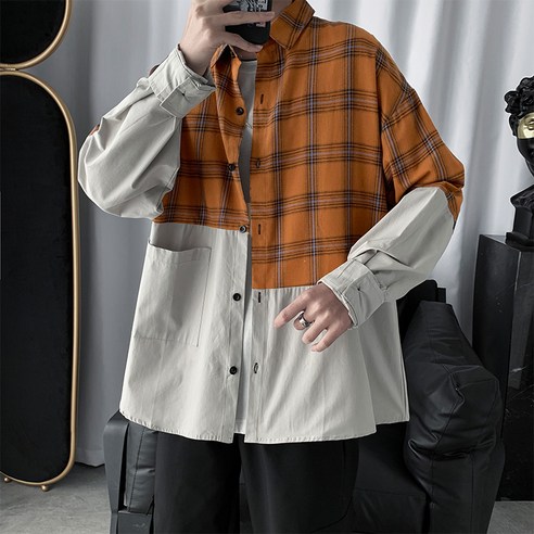 DFMEI 남성 캐주얼 셔츠 체크 무늬 셔츠 남자 봄 가을 패션 브랜드 바느질 색상 대비 긴 소매 셔츠 잘 생긴 느슨한 Ruffian 잘 생긴 코트