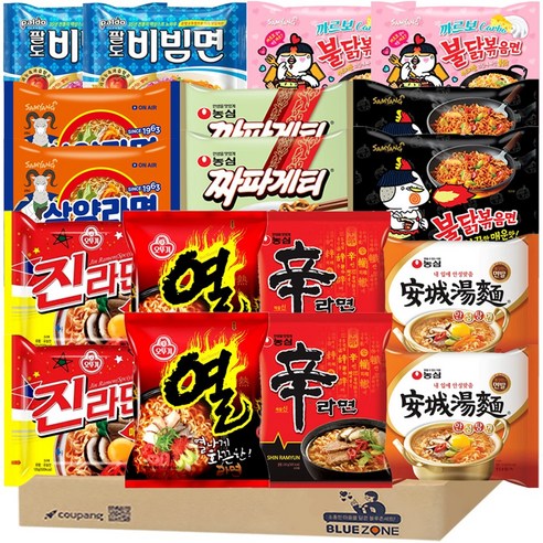 [블루존] 인기봉지라면 낱개 10종 20봉입(진라면2+팔도비빔2+불닭볶음면2+까르보불닭2+열라면2+짜파게티2+신라면2+너구리2+안성탕면2+삼양2), 6세트