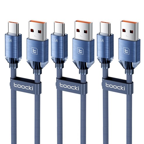 Toocki 아연합금 USB A-C타입 고속 충전케이블, 3개, 2m, 블루