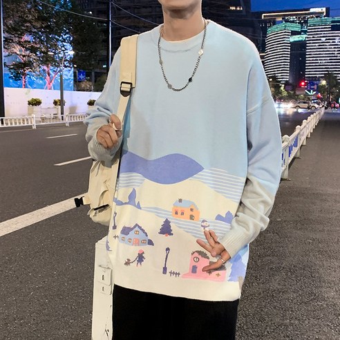 DFMEI 게으른 스타일 스웨터 남자 패션 스타일 느슨한 인쇄 스웨터 가을과 겨울 모든 일치 인터넷 연예인 캐주얼 스웨터