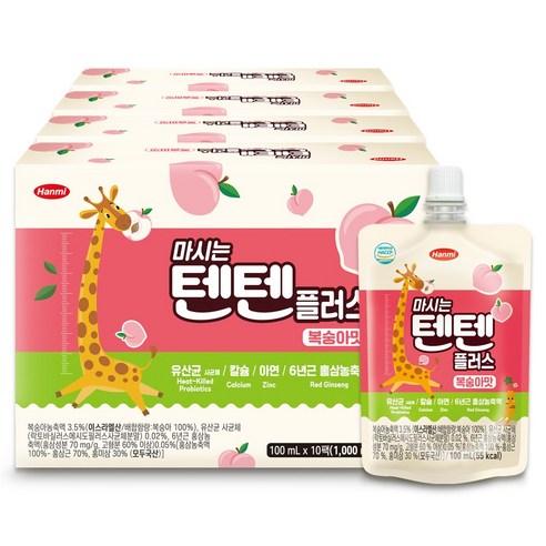 한미 마시는 텐텐 플러스 복숭아맛 100ml 40팩-과즙음료 6년근홍삼, 40개