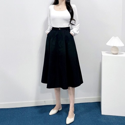 매일리룩 코튼 플레어 밴딩 롱 스커트
