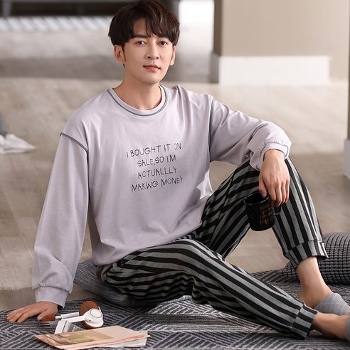smy남성 잠옷 봄과 가을 면화 긴팔 대형 느슨한 캐주얼 야외 가을 겨울 홈