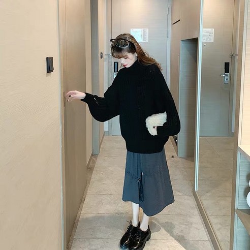 꽈배기 터틀넥 루즈핏 퍼프 소매
