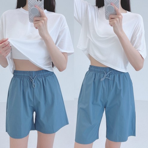 로라벨 찜k 3부 4부 5부 여자 반바지 나일론 하이웨스트 스판 밴딩 팬츠 빅사이즈 숏팬츠