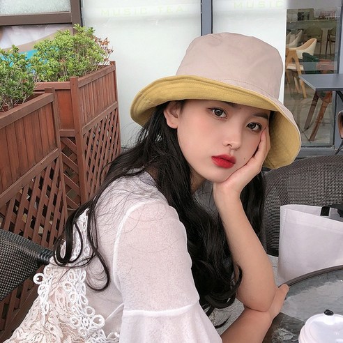 DFMEI 벙거지녀 여름 캡틴트 자외선차단모자녀조 민낯선모자, DFMEI 옐로우+베이지 쁘띠양면