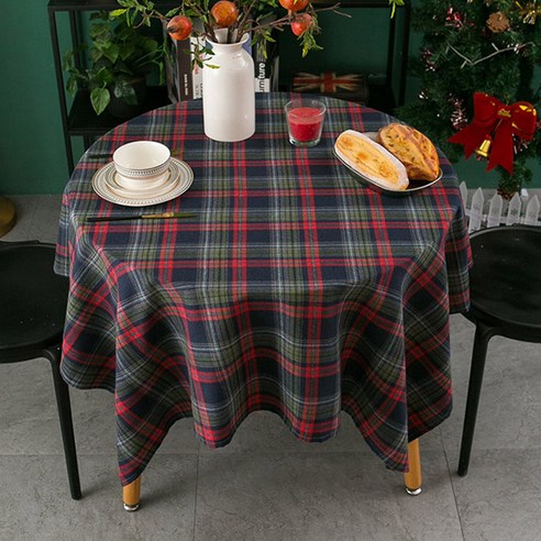 뉴라인 겨울 크리스마스 홈파티 체크 식탁보 테이블보, 140*140cm, 네이비