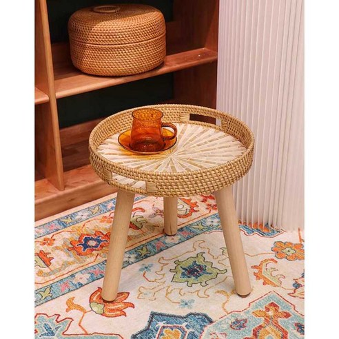 티테이블 엔틱티테이블 좌식티테이블 라탄 간이, 원형 녹색 35x35