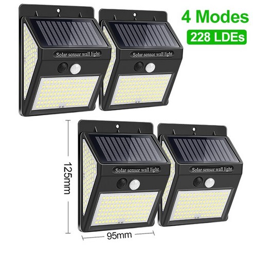 [KHTE] 야외 태양광 조명 228 100 LED 태양광 램프 PIR 모션 센서 벽 조명 방수 태양광 조명 정원 장식, 228LED-4Mode-4Pcs