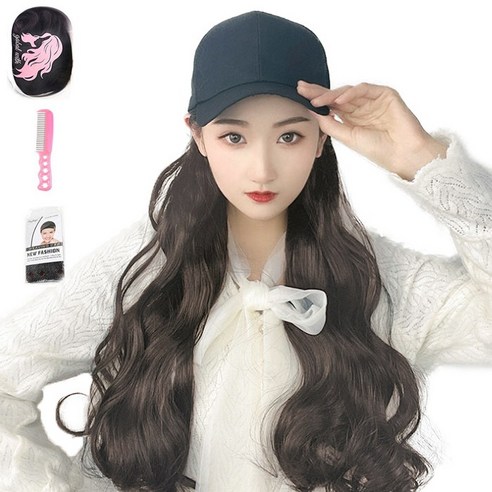 가발위드 긴머리 모자가발 전체가발 퀸웨이브+가발망1개+가발전용빗1개 세트, 1개, 블랙브라운