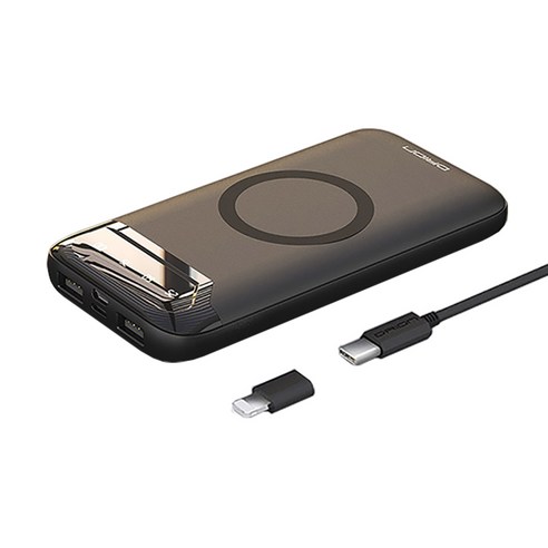 아이폰 무선 충전 보조배터리 갤럭시 호환 USB 2포트 동시충전, 블랙 (C타입케이블+8핀젠더)