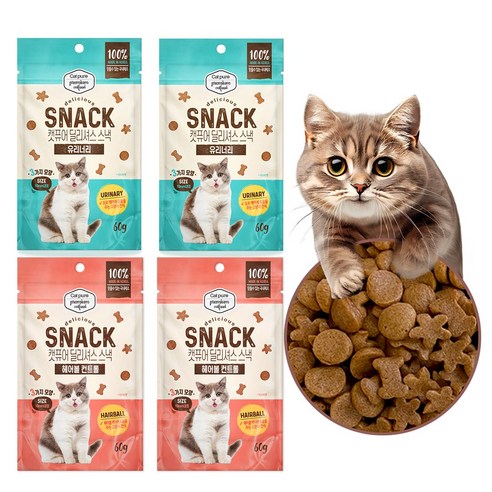 캣퓨어 고양이 딜리셔스 스낵 오랄 콤플렉스, 1개, 60g, (2종)헤어볼2봉지+유리너리2봉지
