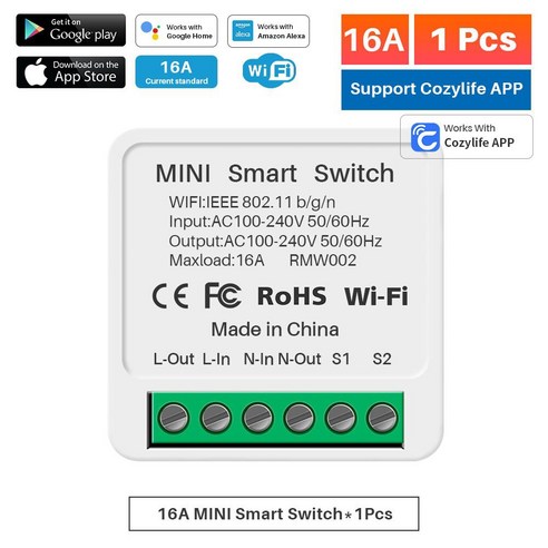 16A 스마트 와이파이 스위치 홈 라이트 모듈 2 웨이 제어 코지 APP 알렉사 구글 앨리스 폰과 작업, Cozylife-16A