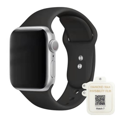 모할랩 애플워치 3/4/5/6/7/8/SE 호환 실리콘 더블 단추 스트랩 + 보호필름 1p 세트, 06 블랙, 45mm, 45mm