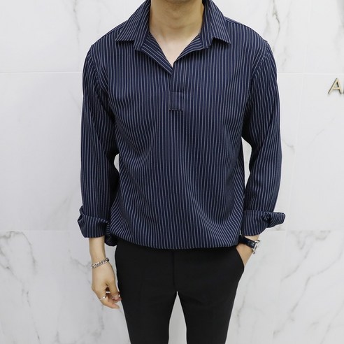 아도르클래식 스트라이프 반오픈 카라 헨리넥 긴팔 셔츠