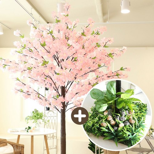 인테리어 대형 인조 조화나무, 1세트, 구름벚꽃 브라운목대 받침형 240CM_솔향난초잔디