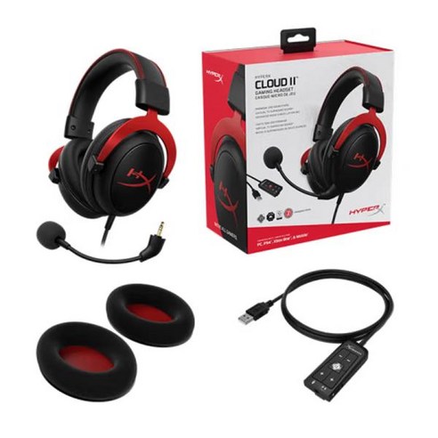 HyperX Cloud II 게임용 헤드셋 PC PS 클라우드 2 유선 게임용 헤드폰 Hi-Fi 7.1 서라운드 사운드 분리형 마이크 USB 사운드 카드, 2) black, 없음