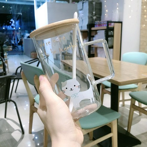 DFMEI 캐릭터 대용량 유리잔 뚜껑 스푼 남녀 아침 우유 시리얼 오피스 홈컵, DFMEI 고양이 [대나무 커버 + 스푼]