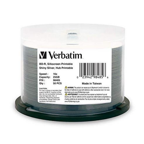 Verbatim BD-R 25GB 16X Shiny Silver Silk Screen Printable Hub Printable - 50pk Spindle