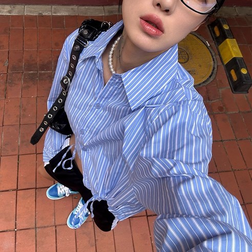 [HIP39] 여성 스트라이프 허리스트링 크롭셔츠