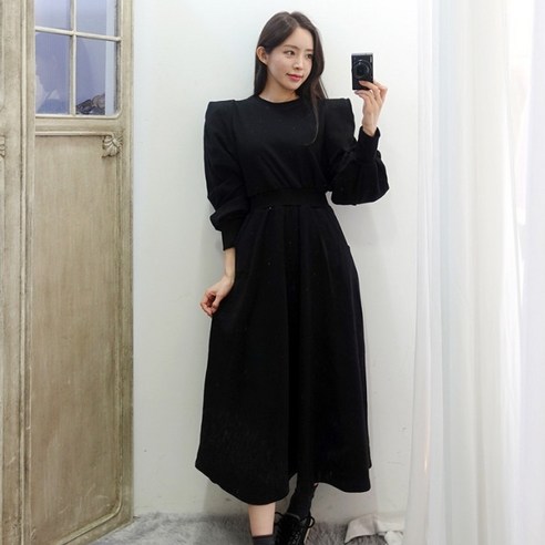 이힝 기모 날개 밴딩 긴팔 겨울 루즈핏 롱원피스
