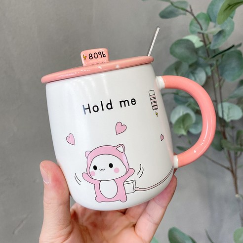동물 도자기 컵 벨트 뚜껑 사무실 가정용 커피 타다 차 머그컵 남녀 선물 컵, 핑크 고양이 하트, 450ML