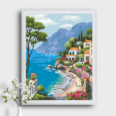 오늘의오브제 DIY 보석십자수 캔버스형 50x40cm, 1개, B1_13_평화로운 해변마을1